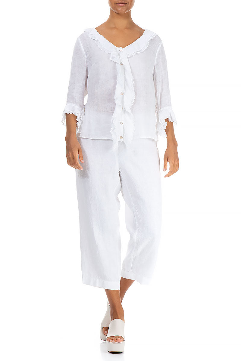 Frilled White Gauze Linen Blouse 4