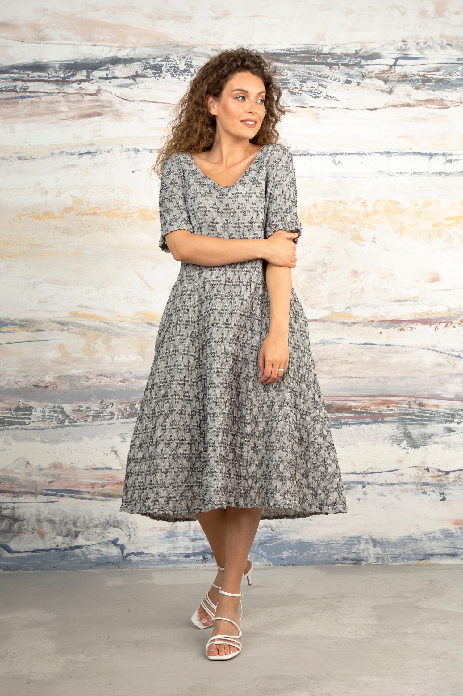 Geometric Texture Grey Linen Dress 7