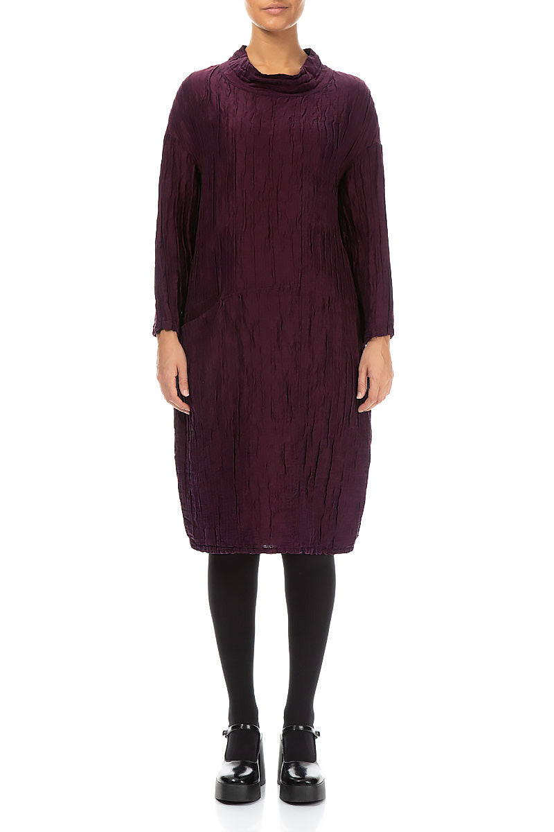 High Neck Aubergine Crinkled Silk Linen Dress 1