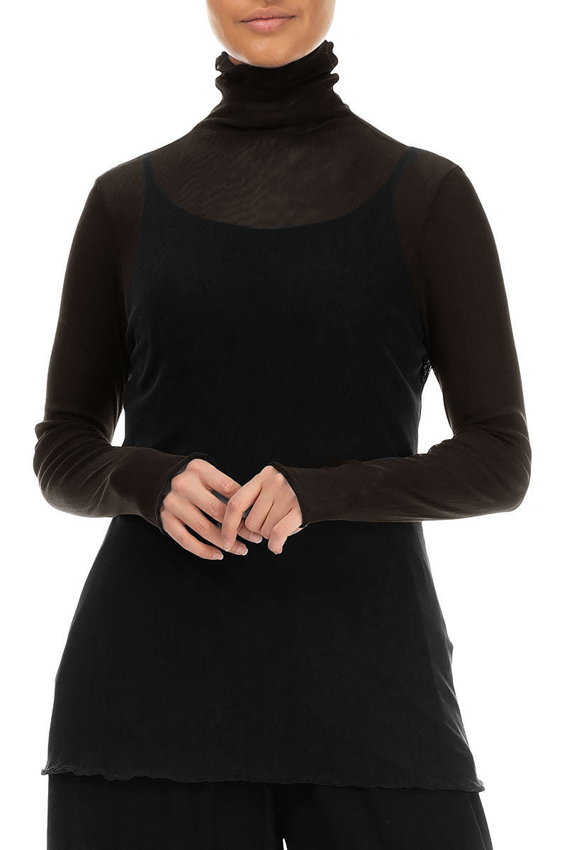 High Neck Fitted Black Tulle Silk Blouse 3