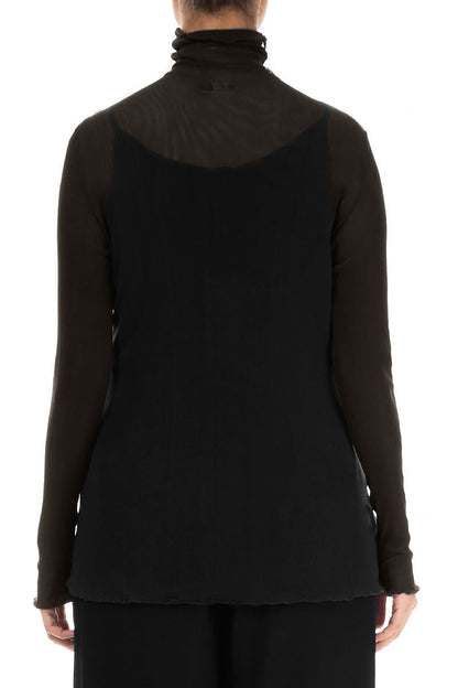 High Neck Fitted Black Tulle Silk Blouse 2