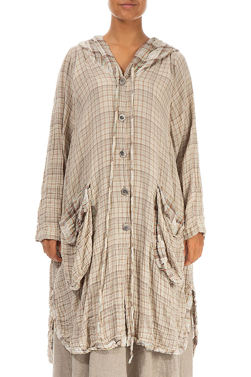 Hooded Oversized Beige Checkered Cotton Jacket 1