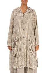 Hooded Oversized Beige Checkered Cotton Jacket 1