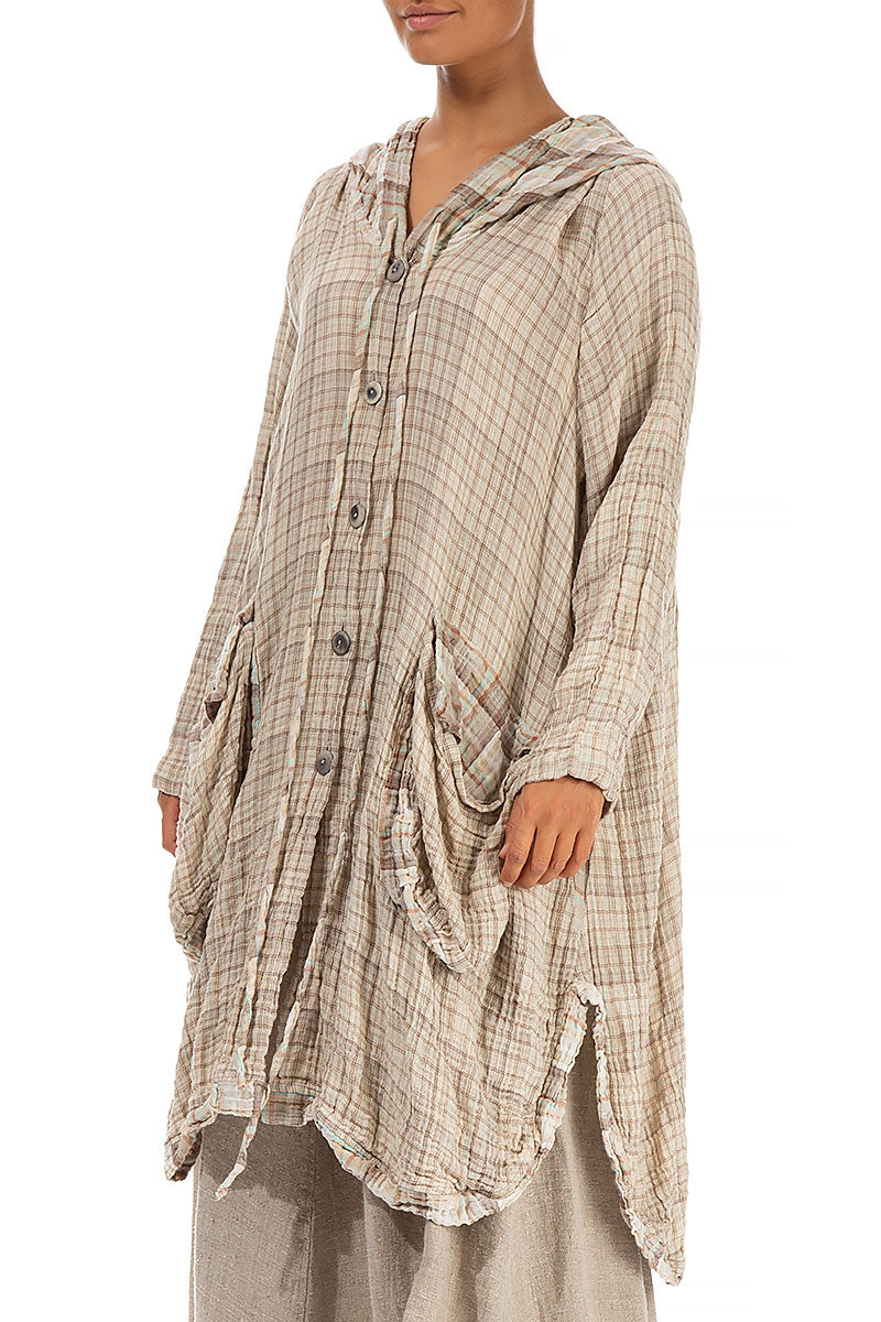 Hooded Oversized Beige Checkered Cotton Jacket 3