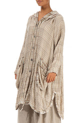 Hooded Oversized Beige Checkered Cotton Jacket 3
