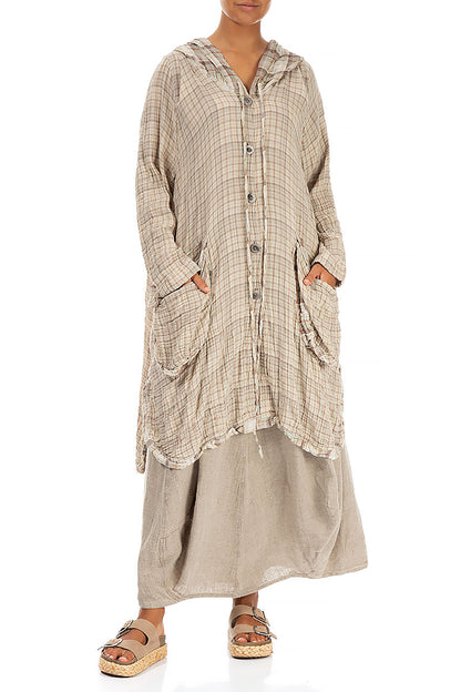 Hooded Oversized Beige Checkered Cotton Jacket 4
