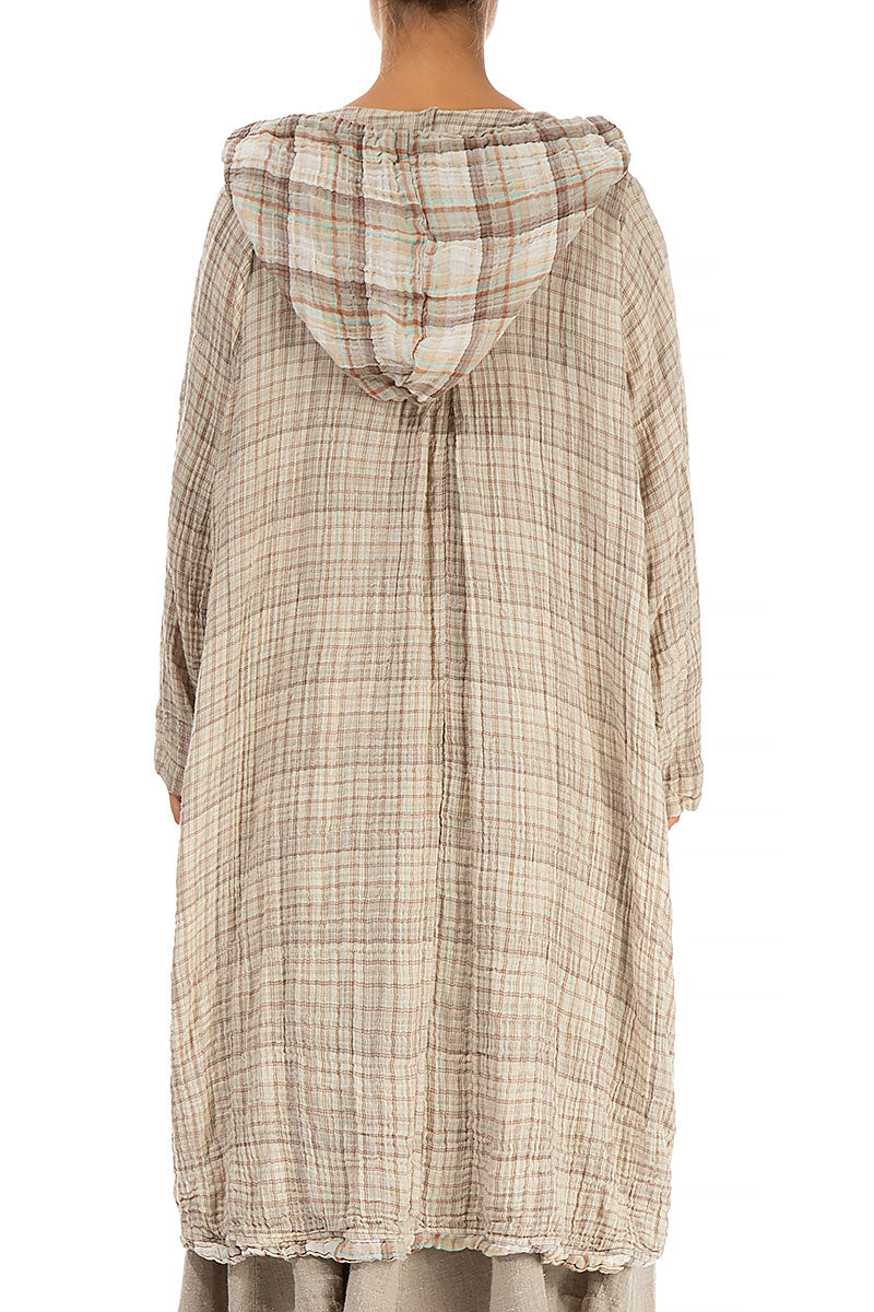 Hooded Oversized Beige Checkered Cotton Jacket 2