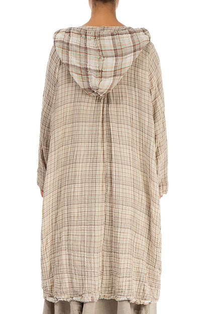 Hooded Oversized Beige Checkered Cotton Jacket 2