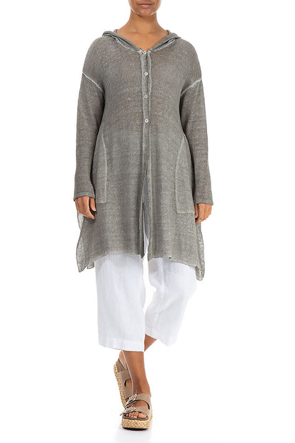 Hooded Washed Effect Grey Linen Cardigan 4