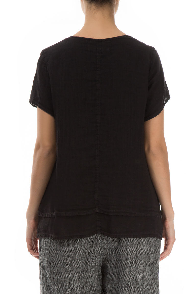 Layered Short Sleeves Black Gauze Linen Blouse 2