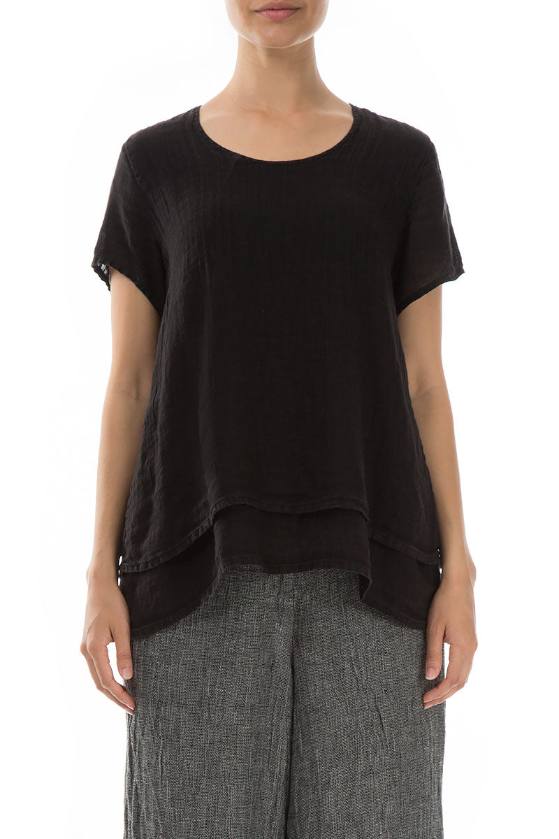 Layered Short Sleeves Black Gauze Linen Blouse 1