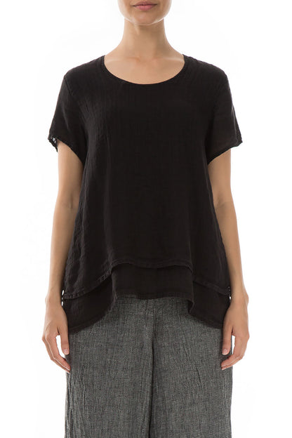 Layered Short Sleeves Black Gauze Linen Blouse 1