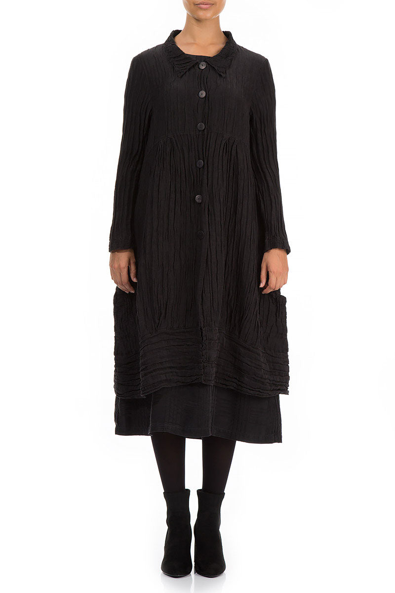Long Crinkled Black Silk Jacket 1
