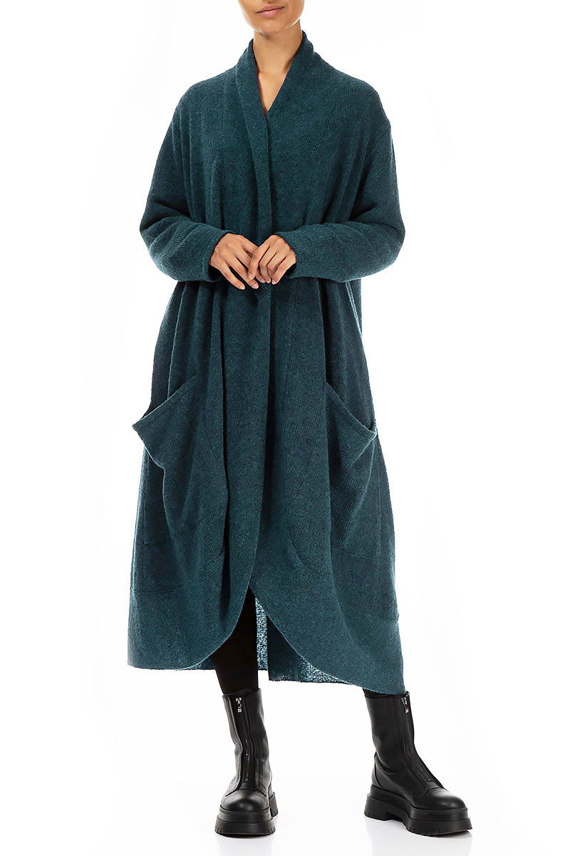 Long Open Teal Wool Cardigan 3