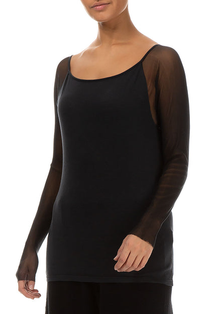 Long Mesh Sleeves Black Cotton Blouse 3
