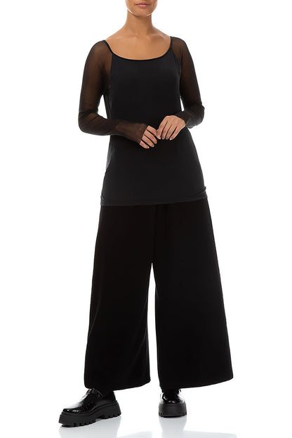 Long Mesh Sleeves Black Cotton Blouse 4