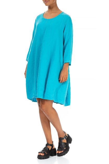 Midi Balloon Bright Turquoise Linen Dress 3
