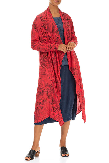 Open Feathers Poppy Red Crinkled Silk Viscose Jacket 4