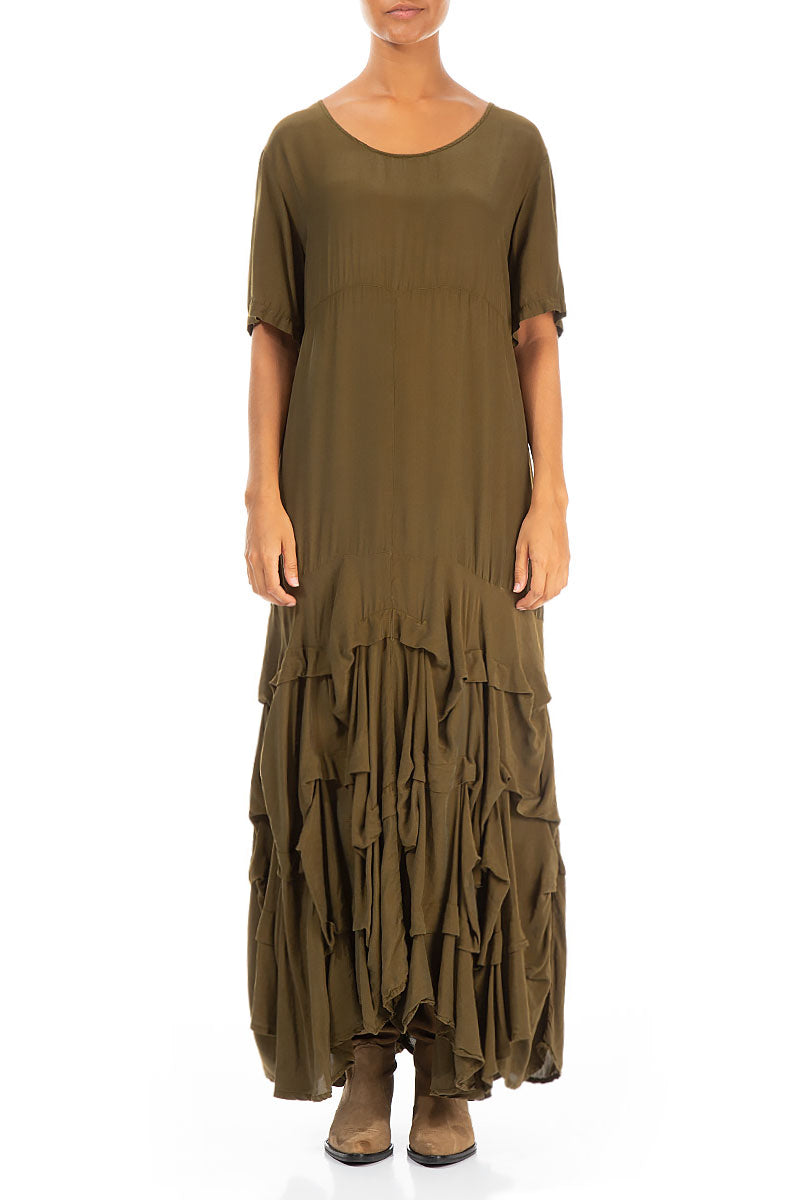 Ruffle Khaki Silk Bamboo Maxi Dress 1