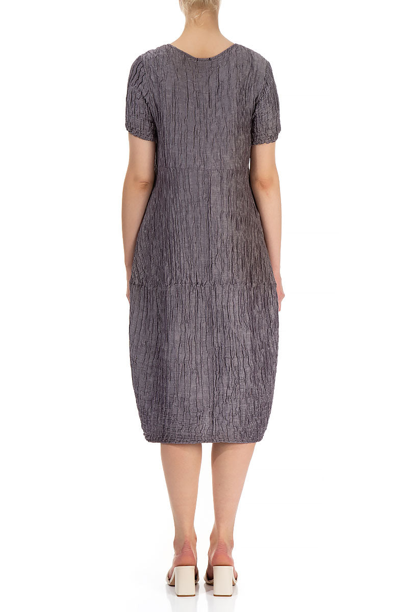 Short Sleeves Balloon Crinkled Amethyst Silk Dress 2