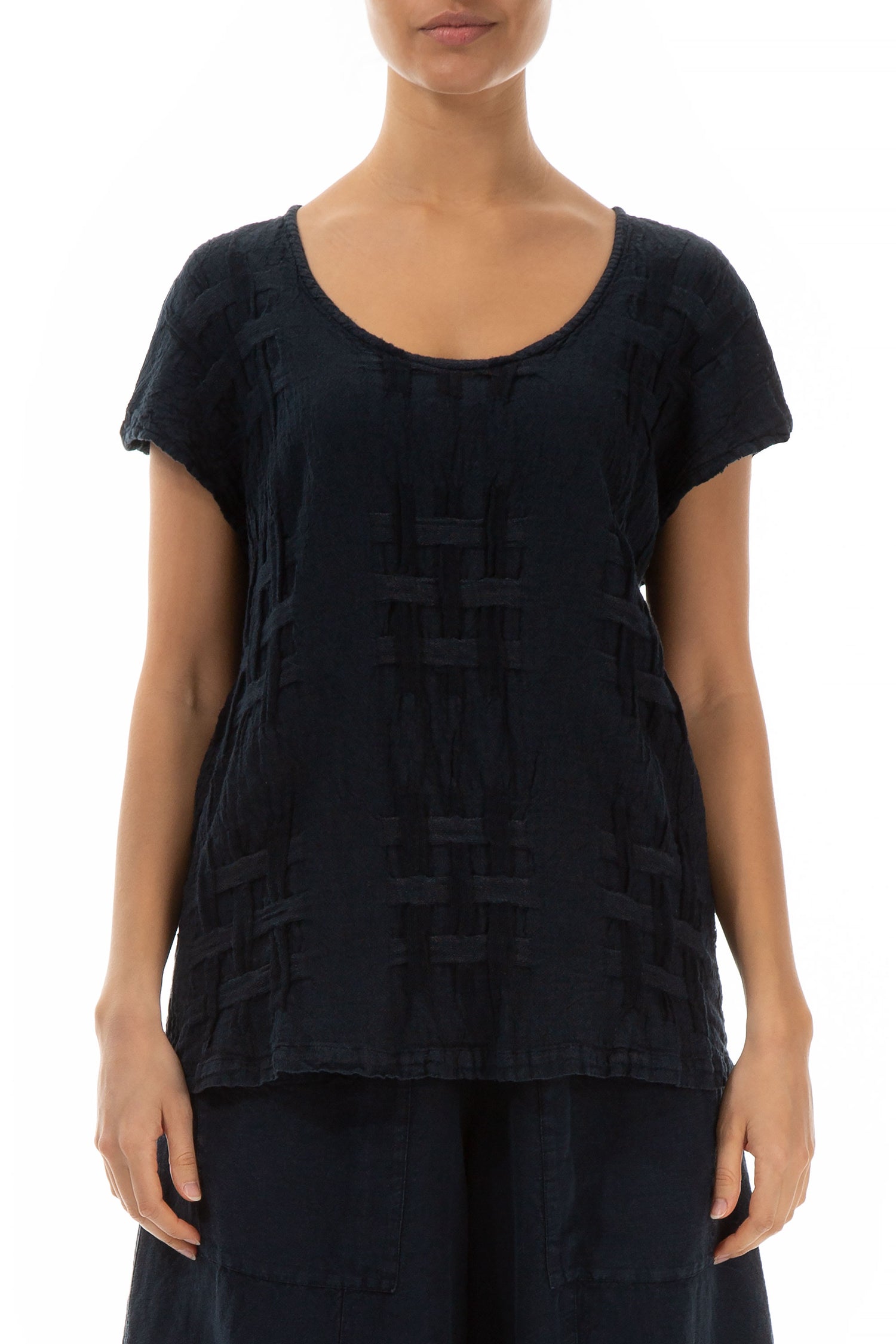 Short Sleeves Checkered Texture Midnight Blue Linen Top 1