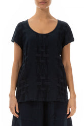 Short Sleeves Checkered Texture Midnight Blue Linen Top 1