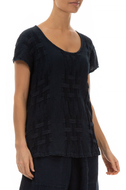 Short Sleeves Checkered Texture Midnight Blue Linen Top 3