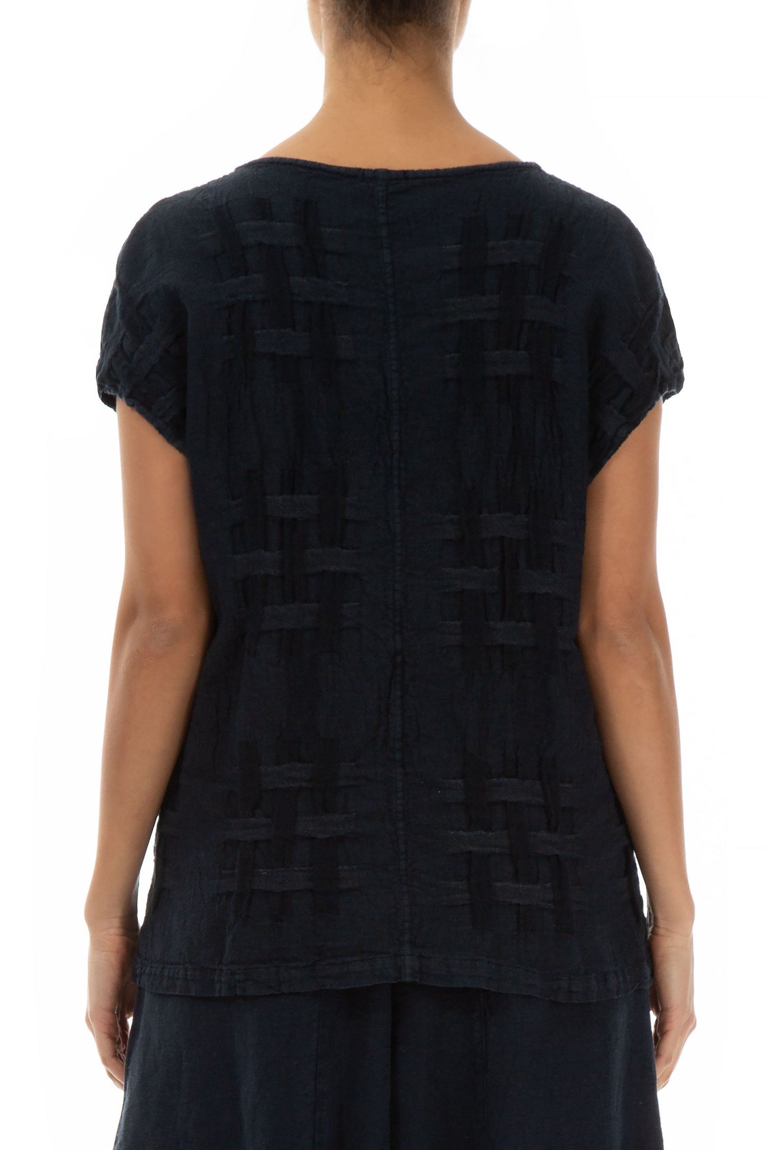Short Sleeves Checkered Texture Midnight Blue Linen Top 2