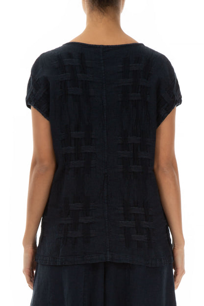 Short Sleeves Checkered Texture Midnight Blue Linen Top 2