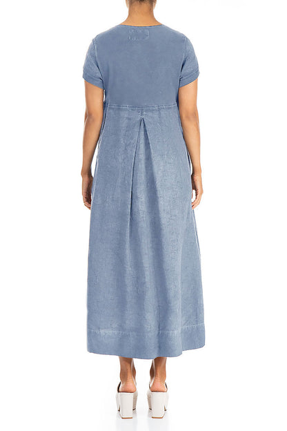 Short Sleeves Washed Out Denim Linen Dress 2