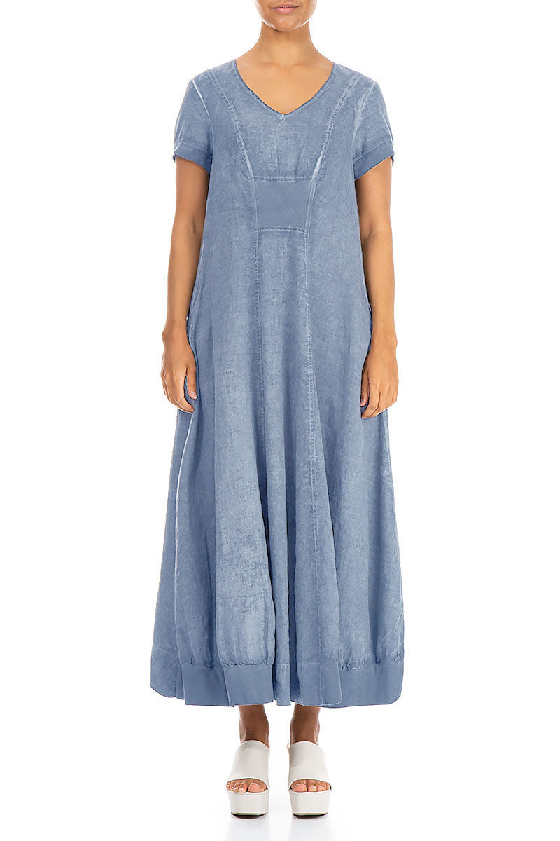 Short Sleeves Washed Out Denim Linen Dress 1