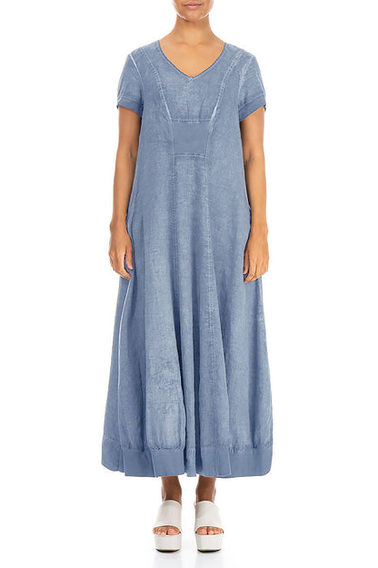 Short Sleeves Washed Out Denim Linen Dress 1