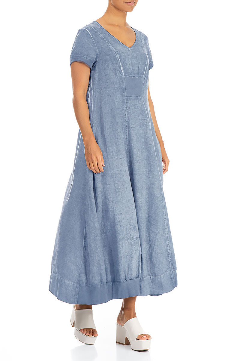 Short Sleeves Washed Out Denim Linen Dress 3