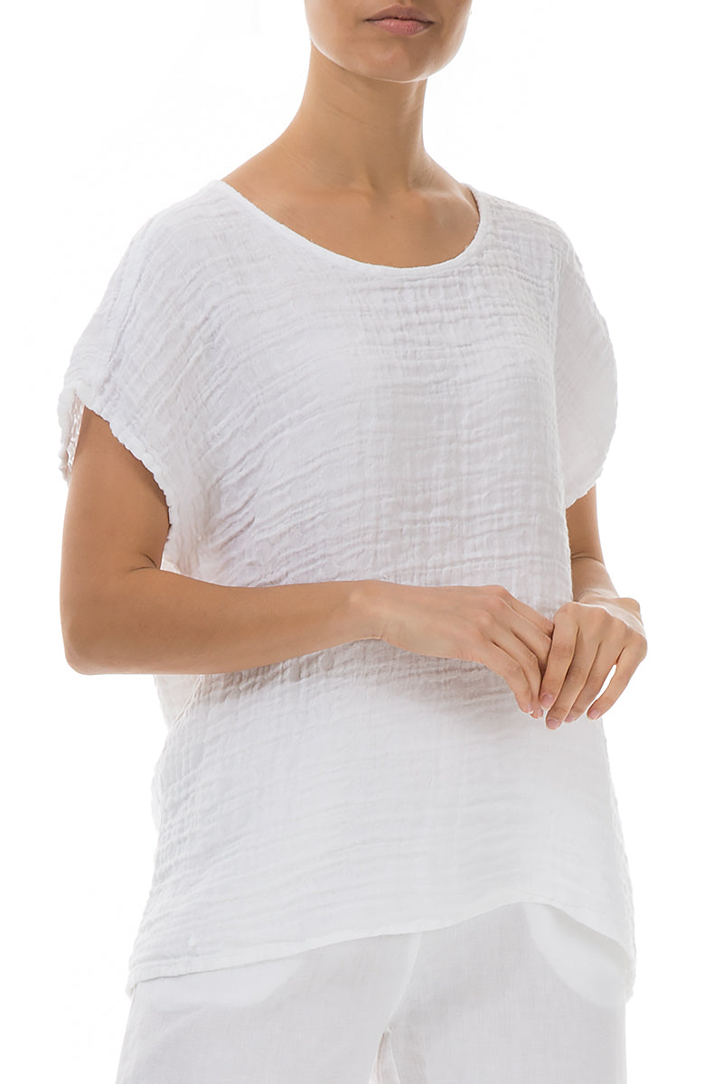 Short Sleeves White Linen Blouse 3