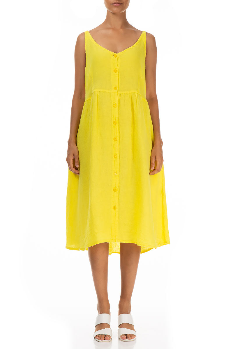 Sleeveless Buttoned Yellow Crêpe Linen Dress 1