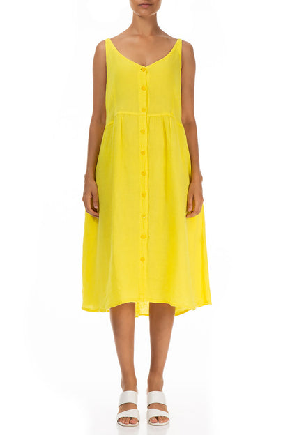 Sleeveless Buttoned Yellow Linen Dress 1