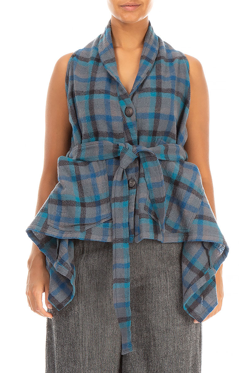 Sleeveless Draped Checkered Wool Jacket Blouse 1