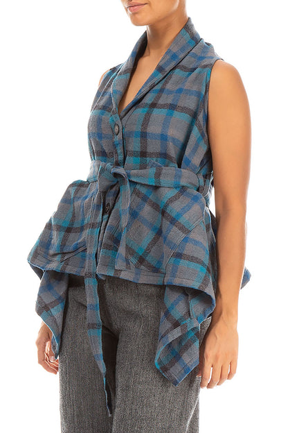 Sleeveless Draped Checkered Wool Jacket Blouse 3