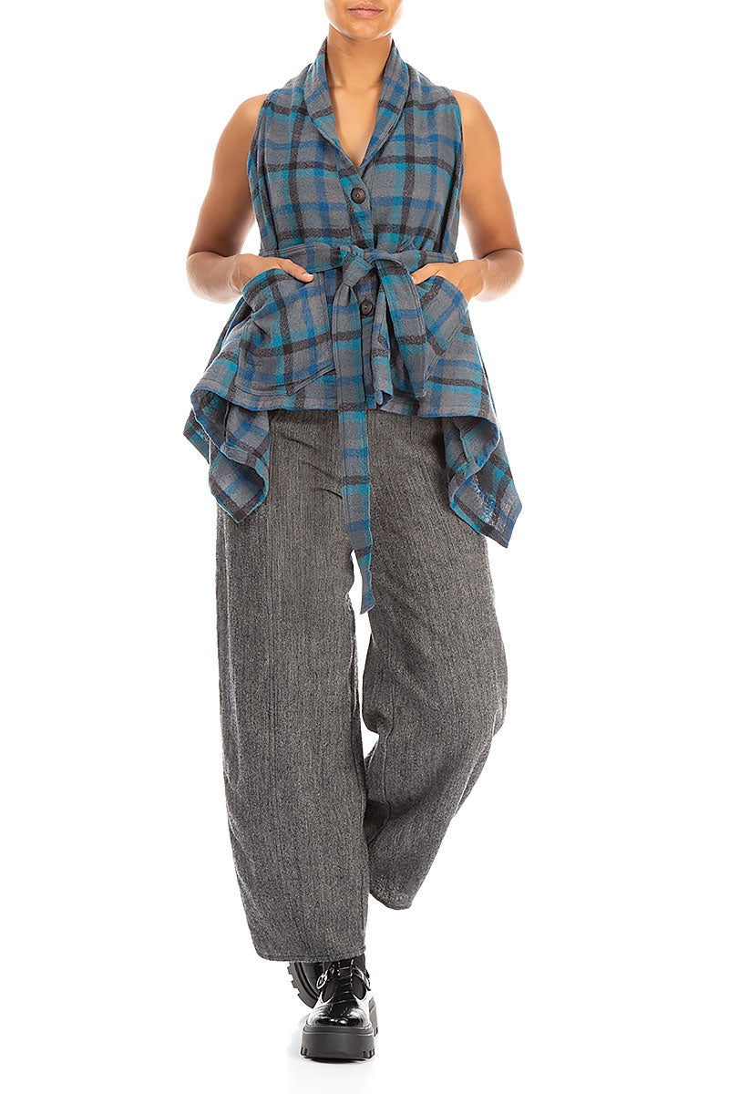 Sleeveless Draped Checkered Wool Jacket Blouse 4