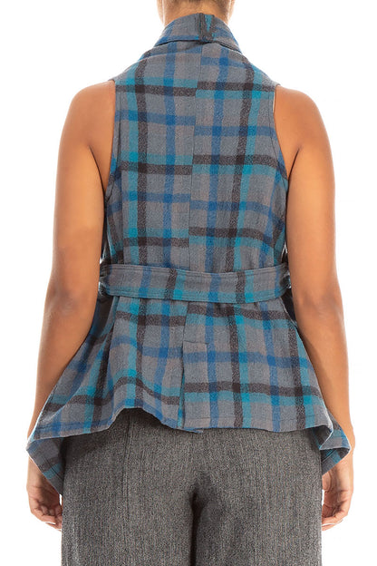 Sleeveless Draped Checkered Wool Jacket Blouse 2