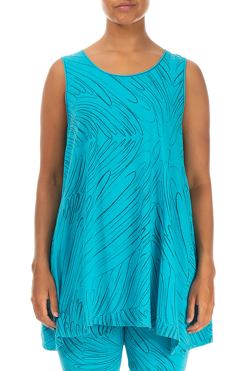 Sleeveless Feathers Bright Turquoise Cotton Tunic 1