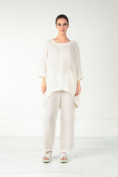 Straight Crinkled Off White Trousers 4