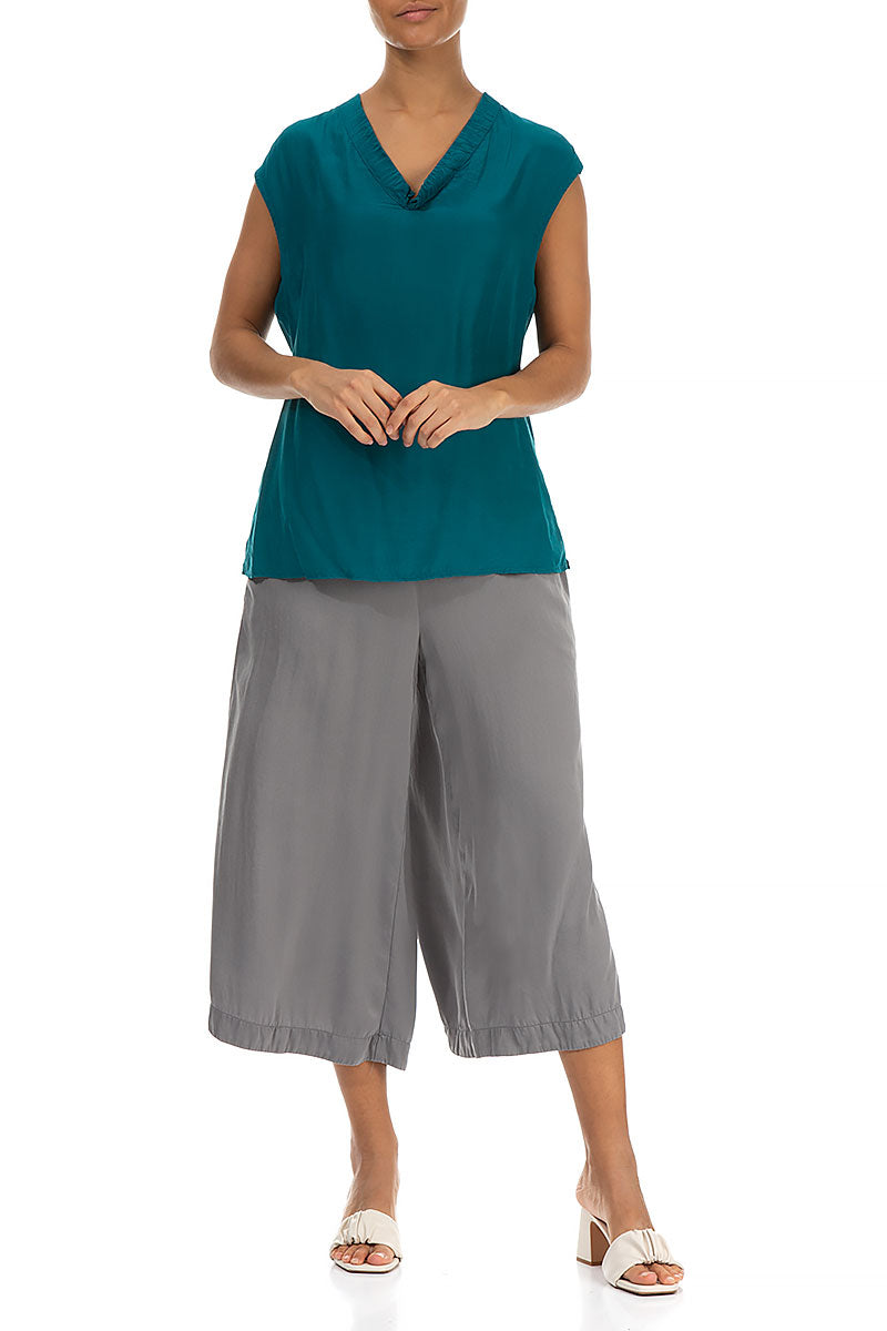 Draped V-Neck Teal Silk Bamboo Blouse 4