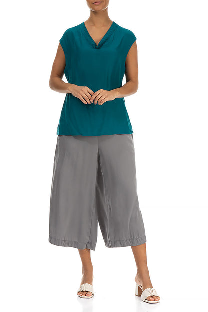 Draped V-Neck Teal Silk Bamboo Blouse 4