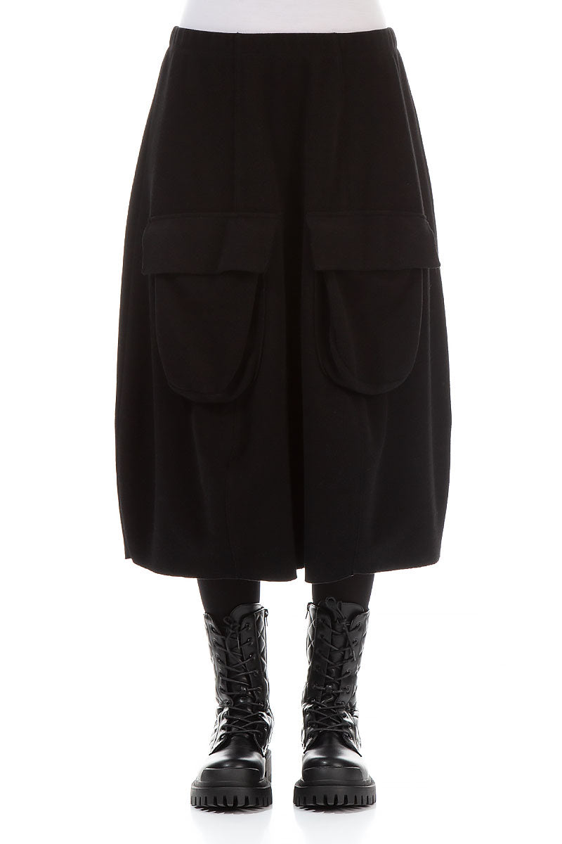 Two Pockets Black Cotton Midi Skirt 1