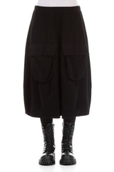 Two Pockets Black Cotton Midi Skirt 1