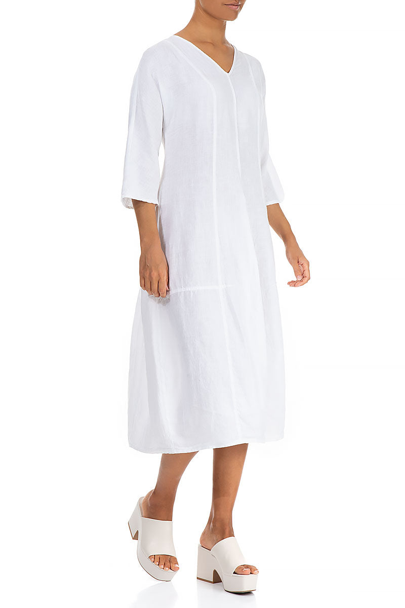 V-Neck Balloon White Linen Dress 3