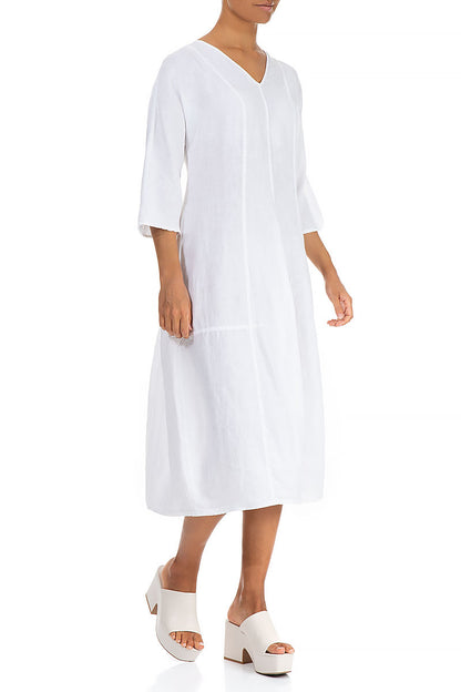 V-Neck Balloon White Linen Dress 3