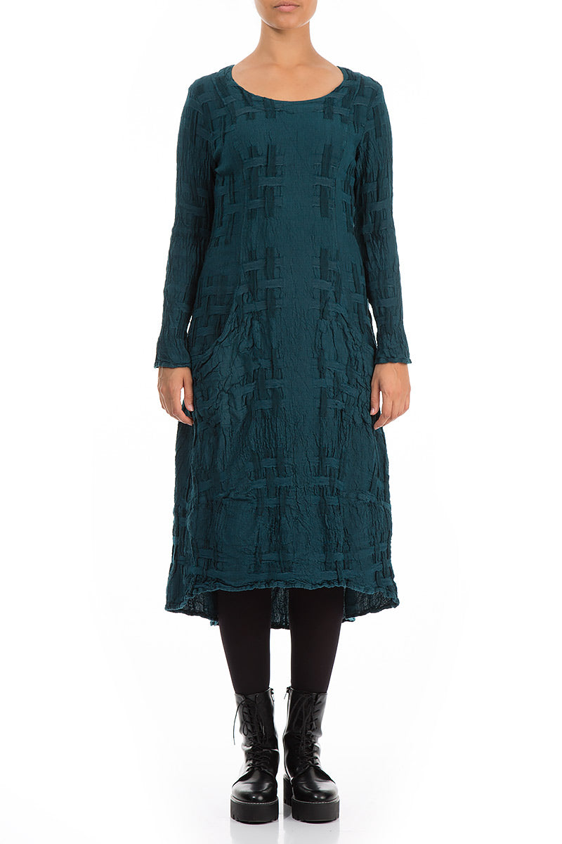 Two Pockets Woven Texture Dark Teal Linen Dress 1