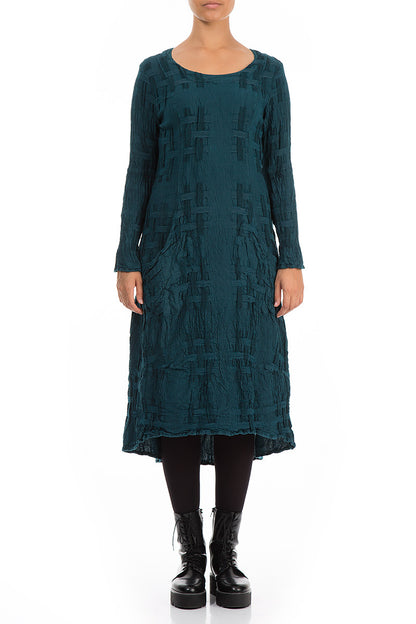 Two Pockets Woven Texture Dark Teal Linen Dress 1